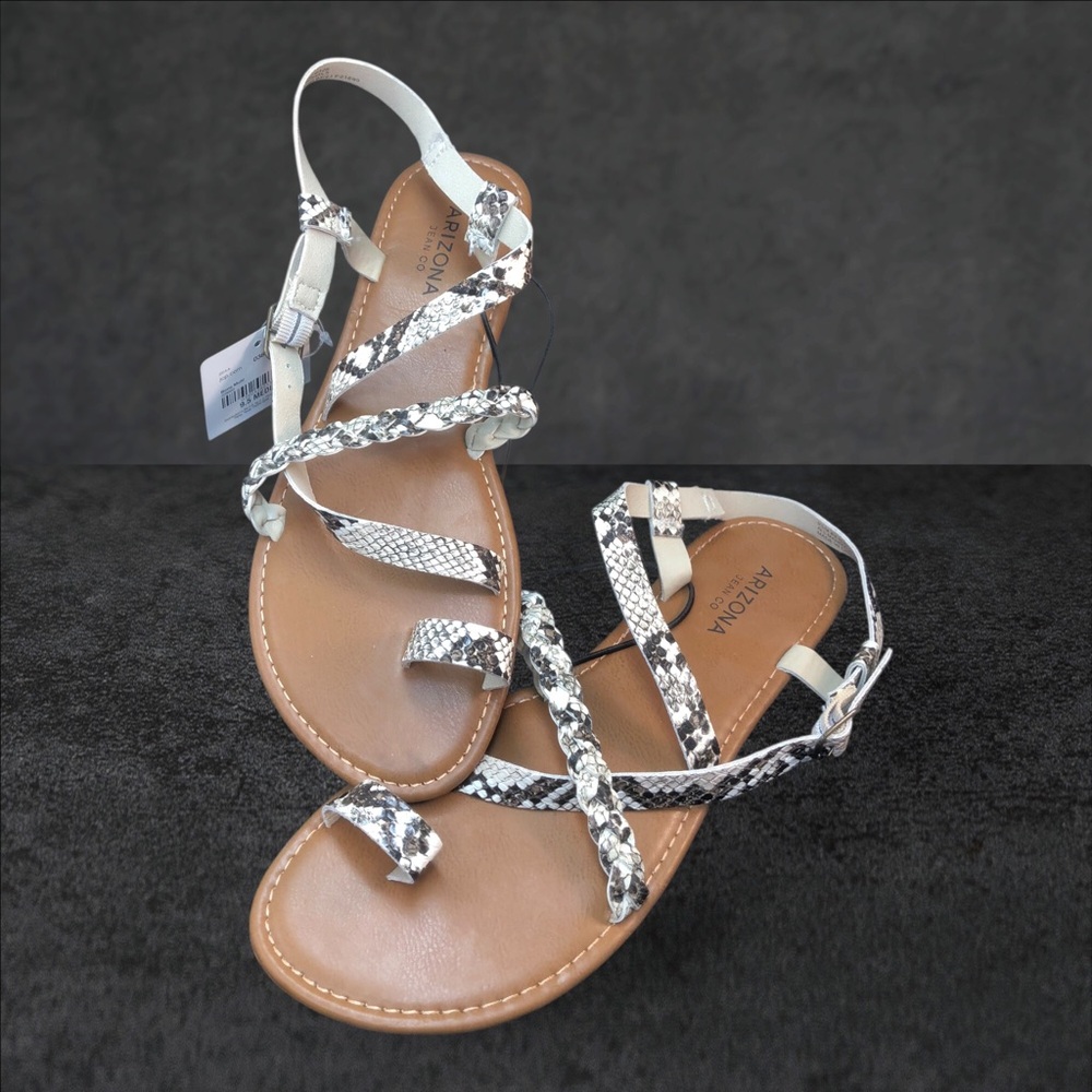 Arizona Jean Company Snake-Print Braided Strap Sandals - White/Tan
